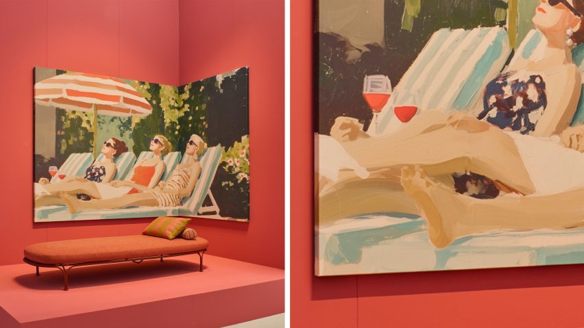 Photo of the Hiray sunbed by Ludovica Serafini + Roberto Palomba against a pink backdrop with a painting of women sunbathing behind it at the Kartell stand at Salone del Mobile 2026
