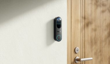Reolink Battery Doorbell installed on a white wall next to wooden door