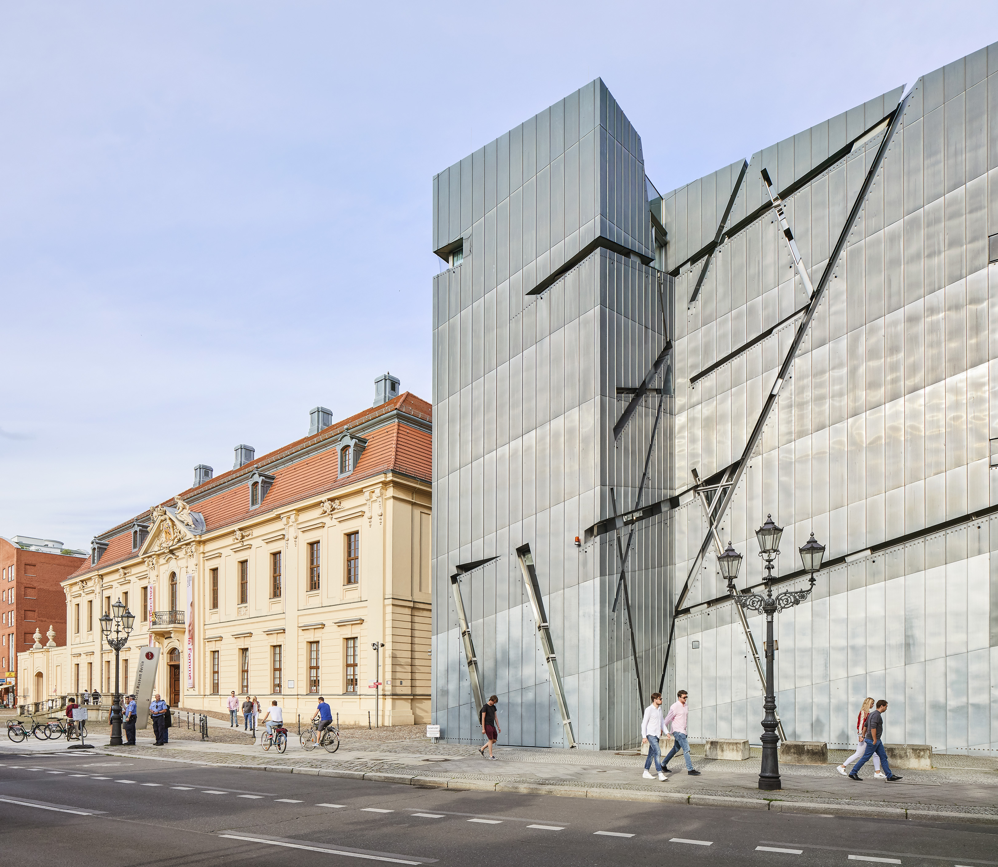 Jewish Museum Berlin on a sunny day, angular forms under blue sky