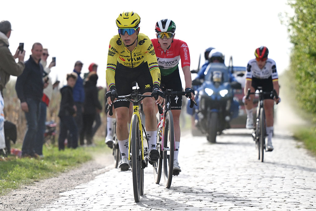 Pauline Ferrand-Prevot of France and Team Visma | Lease a Bike and Blanka Vas of Hungary and Team SD Worx - Protime compete in the breakaway