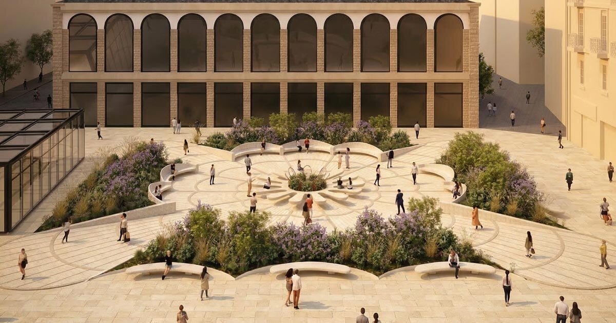 zU-studio installs sunflower sculptural bench into san sebastián’s urban plaza