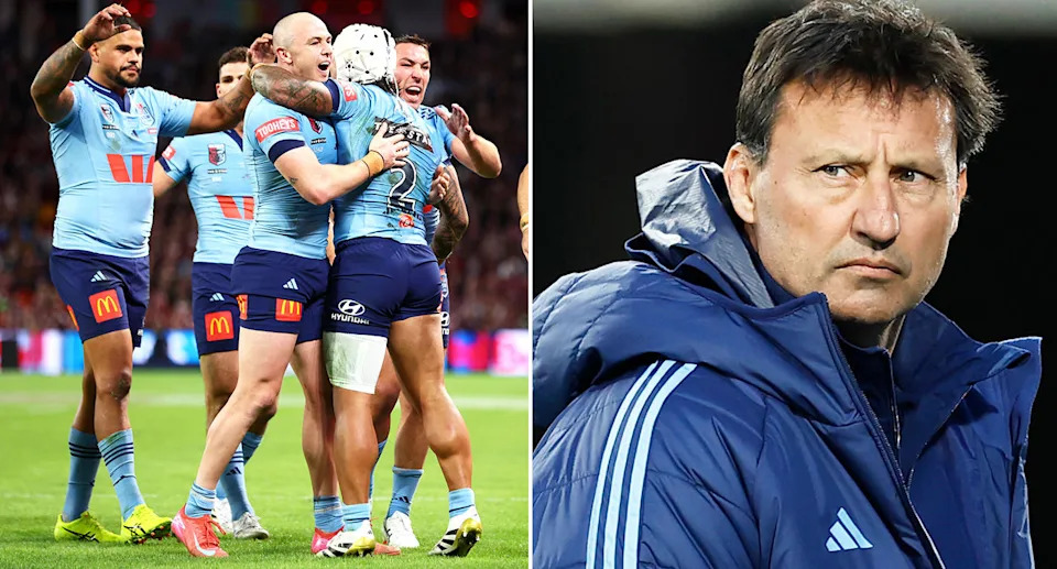 NSW coach Laurie Daley alongside Blues players in 2025.