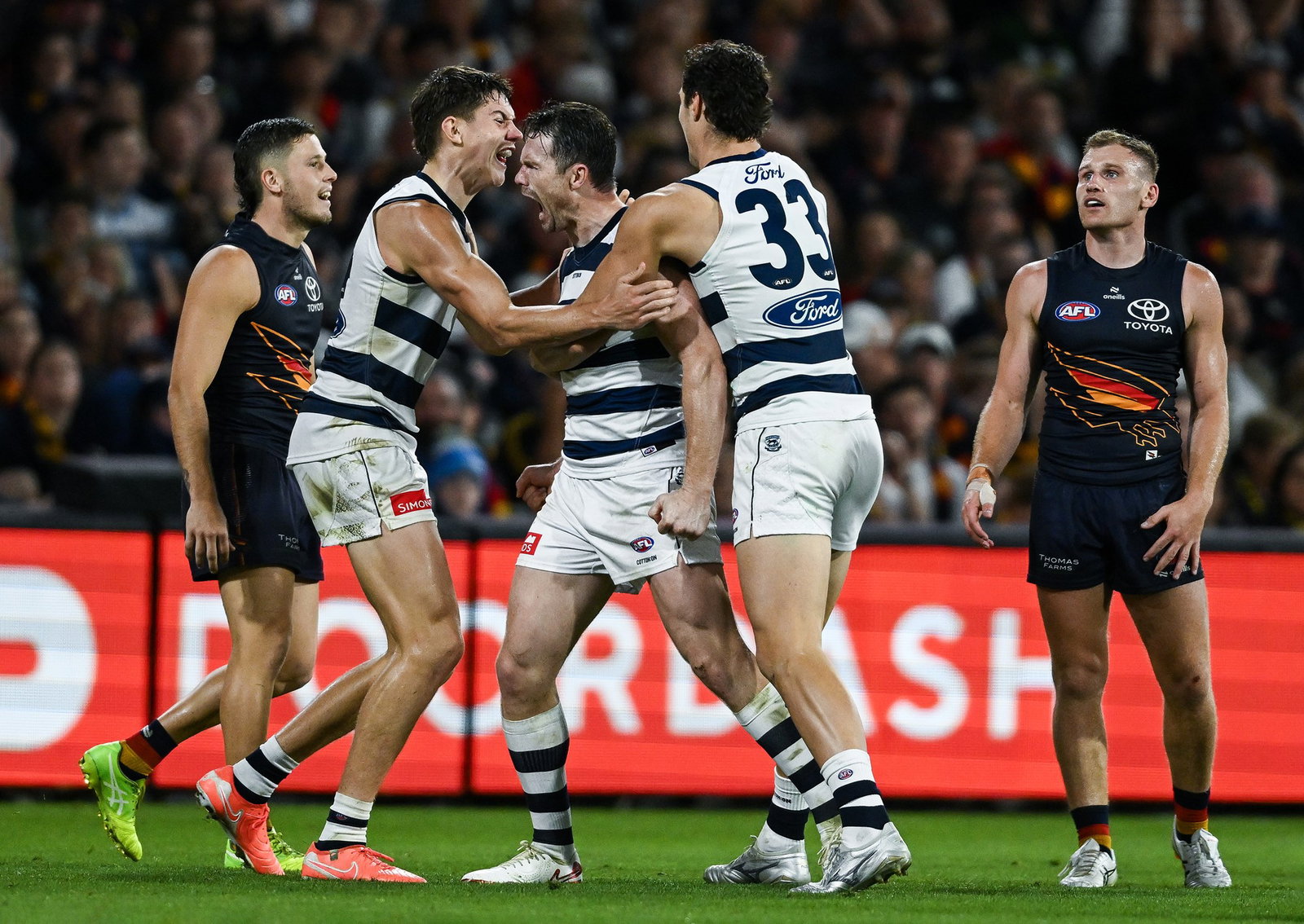 Patrick Dangerfield of the Cats celebrates a goal during the round five AFL match between Adelaide Crows and Geelong Cats at Adelaide Oval, on April 10, 2025, in Adelaide, Australia.