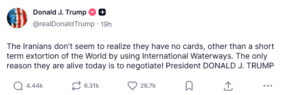 An image of a post by US President Donald Trump on Truth Social.