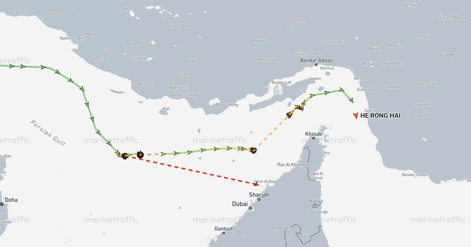 An image of a green line across a map of the Strait of Hormuz