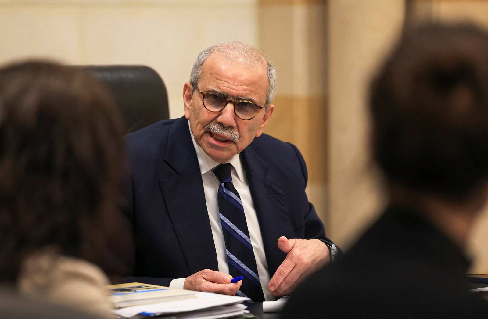 Lebanese Prime Minister Nawaf Salam speaks to journalists 
