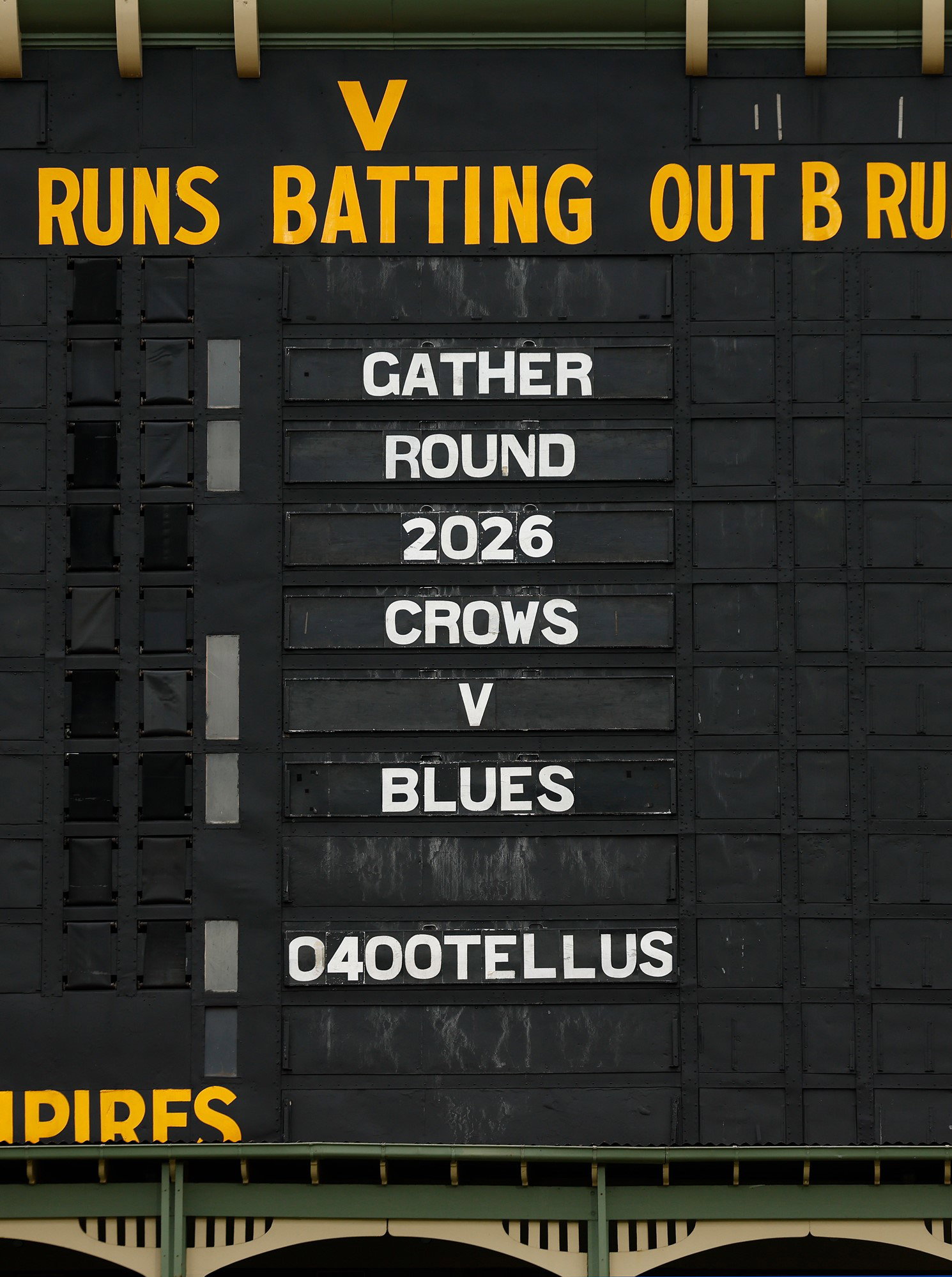 The old scoreboard is seen before the 2026 AFL Round 05 match between the Adelaide Crows and the Carlton Blues at Adelaide Oval on April 9, 2026 in Adelaide, Australia.