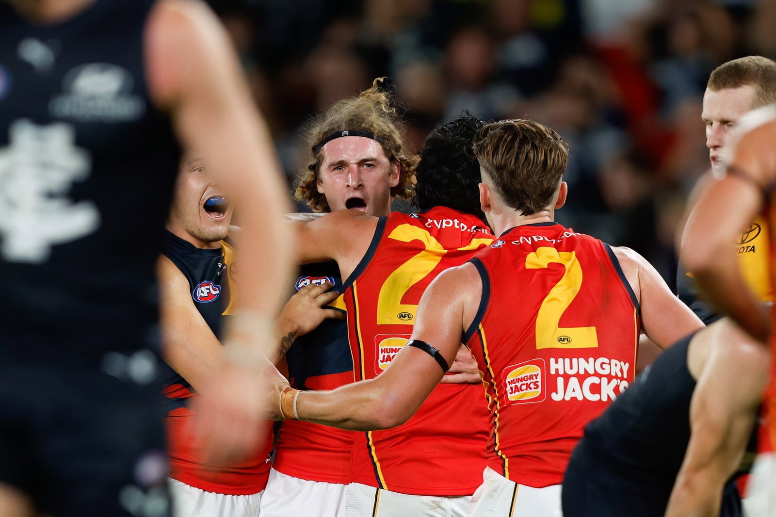  Sam Berry of the Crows celebrates a goal during the 2024 AFL Round 05 match between the Carlton Blues and the Adelaide Crows at Docklands on April 13, 2024 in Melbourne, Australia.