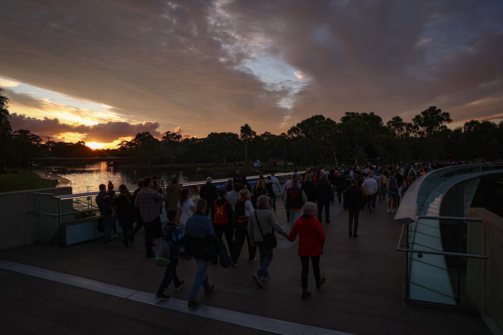  Fans walking to the game during the 2026 AFL Round 05 match between the Adelaide Crows and the Carlton Blues at Adelaide Oval on April 9, 2026 in Adelaide, Australia.