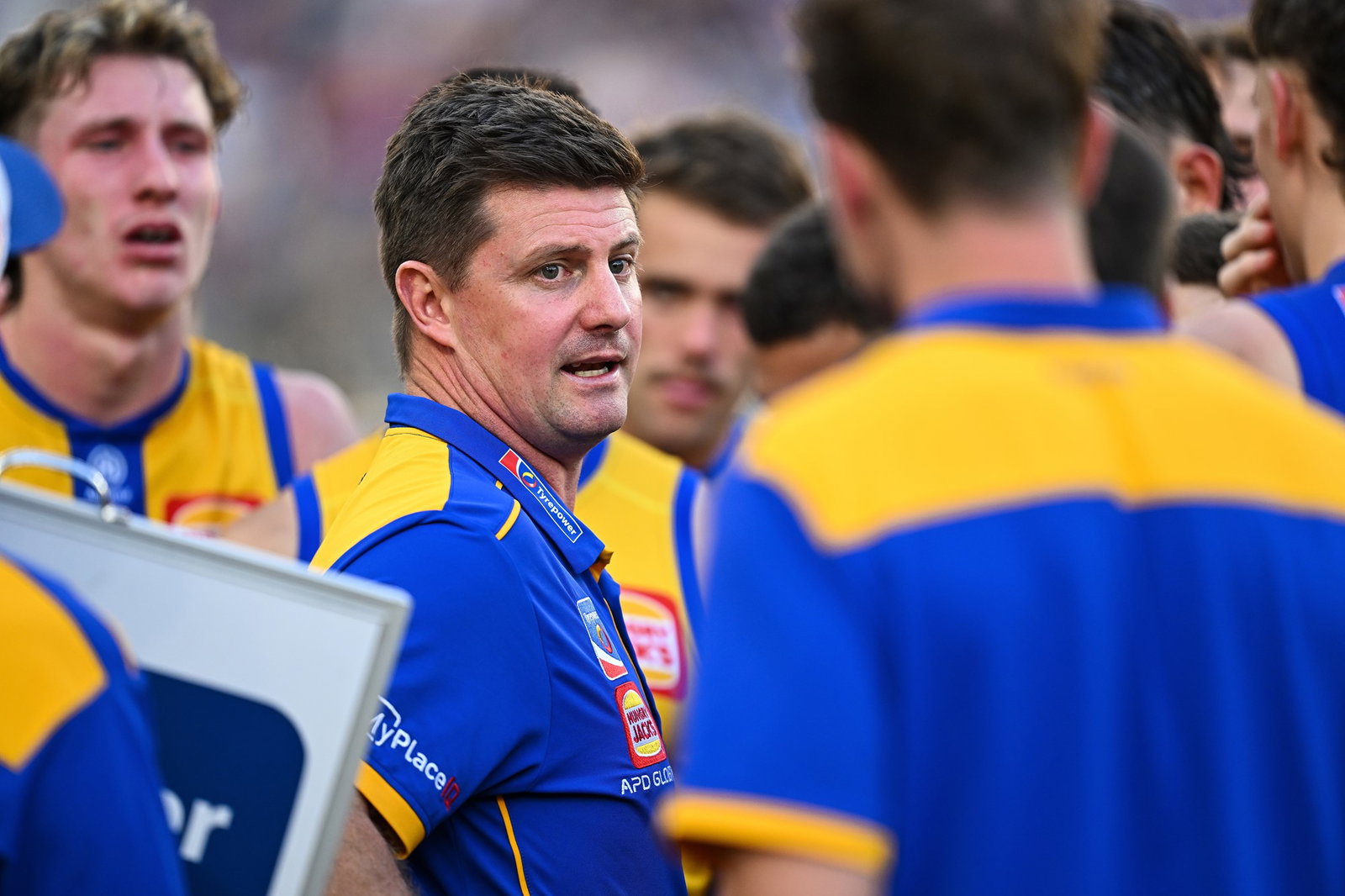 Andrew McQualter, Senior Coach of the Eagles addresses the players at the break during the 2026 AFL Round 04 match between the West Coast Eagles and the Sydney Swans at Perth Stadium on April 4, 2026 in Perth, Australia.