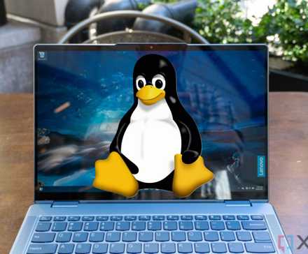 A front view of the Lenovo Yoga 7i's display with the Linux logo laid on top of it