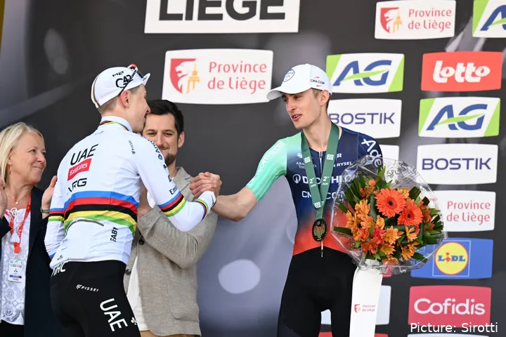 Tadej Pogacar and Paul Seixas at the 2026 Liêge-Bastogne-Liège