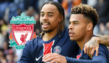 Bradley Barcola and Desire Doue with Liverpool badge