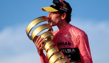 Simon Yates with the Giro d'Italia trophy in 2025