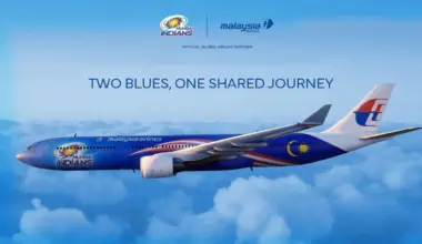 Malaysia Airlines A330-300 aircraft in Mumbai Indians cricket-themed livery flying above clouds, featuring blue and gold branding
