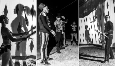 A collage of three black-and-white photos shows circus performers practicing: a woman juggling with shadows behind her, three men preparing backstage, and a man juggling pins in front of a patterned curtain.