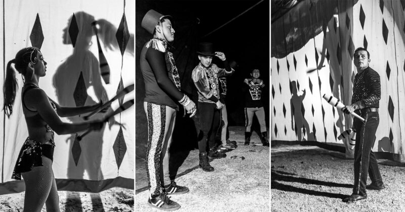 A collage of three black-and-white photos shows circus performers practicing: a woman juggling with shadows behind her, three men preparing backstage, and a man juggling pins in front of a patterned curtain.