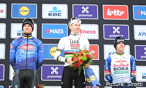Mathieu van der Poel, Tadej Pogacar and Remco Evenepoel on the podium of the 2026 Tour of Flanders