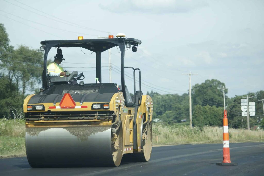 Image of road roller during construction of a street