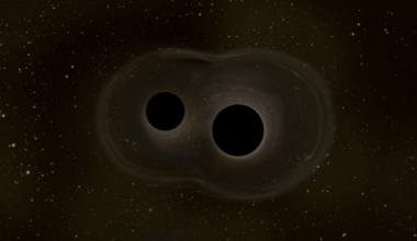 Two pitch black orbs-black holes-are locked in a collision course in this ESA illustration. Light ripples around the two structures and their immense gravity.