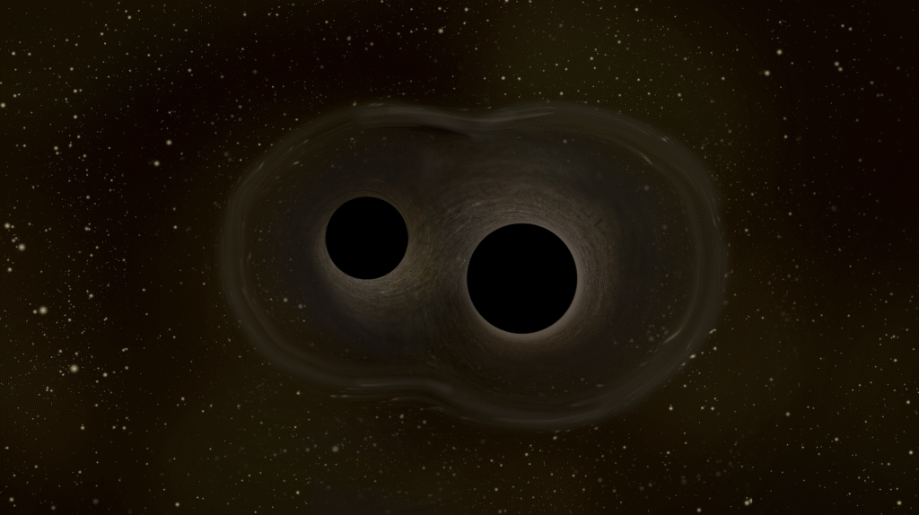 Two pitch black orbs-black holes-are locked in a collision course in this ESA illustration. Light ripples around the two structures and their immense gravity.