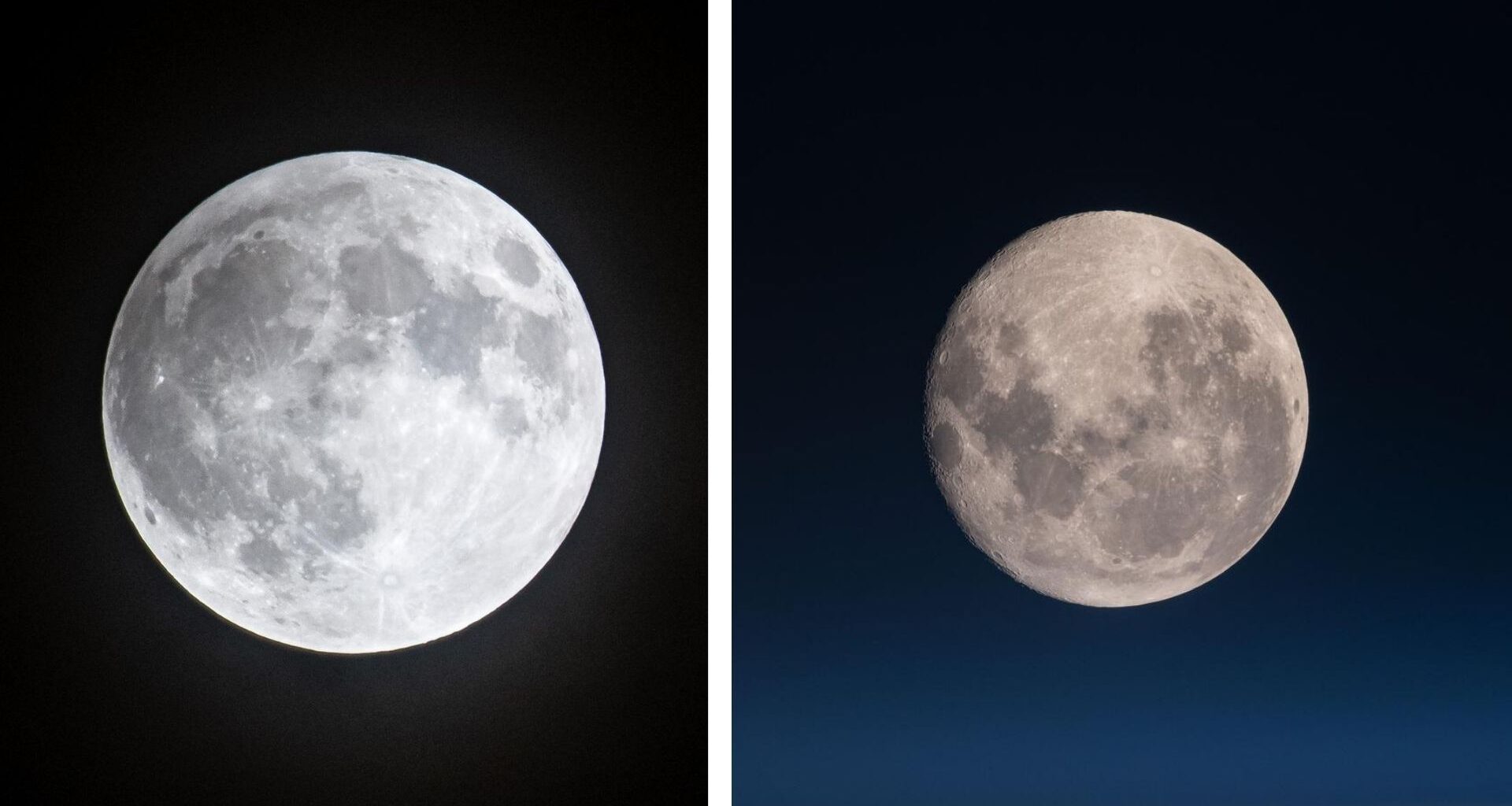 Two images of the moon side by side, the one on the left shows a white/gray moon against a black background while the image on the left shows a browner moon in a blue night sky.