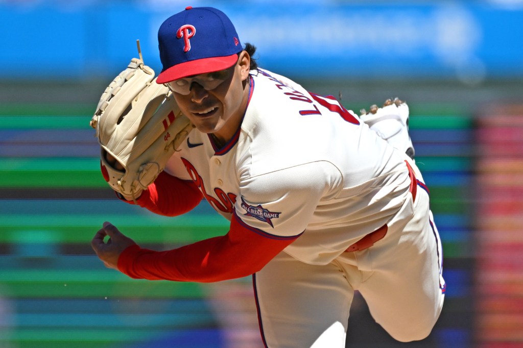 Philadelphia Phillies pitcher Jesús Luzardo follows through on a pitch.