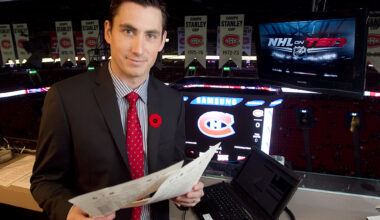 Hockey broadcaster Mike Johnson in the press booth at the Bell Centre in Montreal.