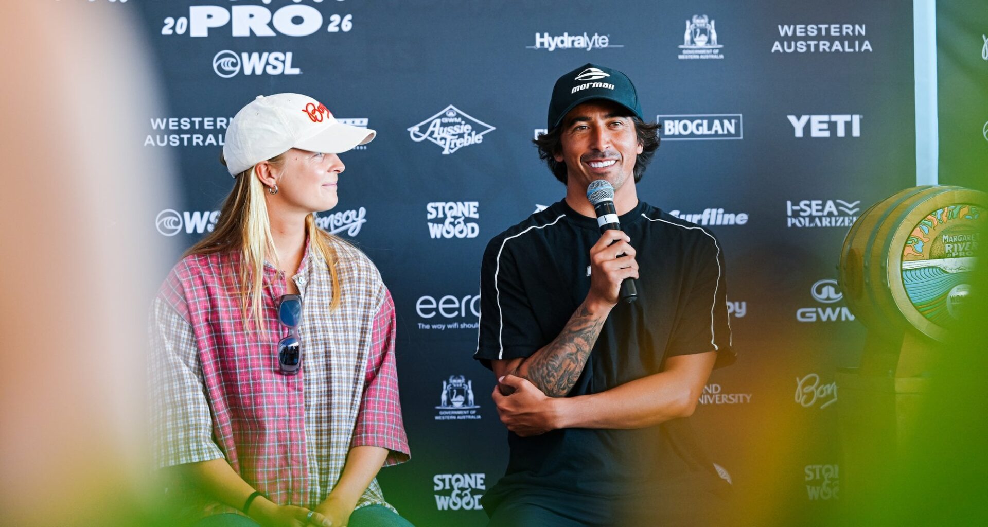 MARGARET RIVER, WESTERN AUSTRALIA, AUSTRALIA - APRIL 15: Miguel Pupo of Brazil and Isabella Nichols of Australia at the press conference at the Western Australia Margaret River Pro on April 15, 2026 at Margaret River, Western Australia, Australia. (Photo by Beatriz Ryder/World Surf League)