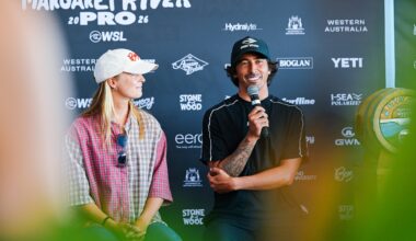 MARGARET RIVER, WESTERN AUSTRALIA, AUSTRALIA - APRIL 15: Miguel Pupo of Brazil and Isabella Nichols of Australia at the press conference at the Western Australia Margaret River Pro on April 15, 2026 at Margaret River, Western Australia, Australia. (Photo by Beatriz Ryder/World Surf League)