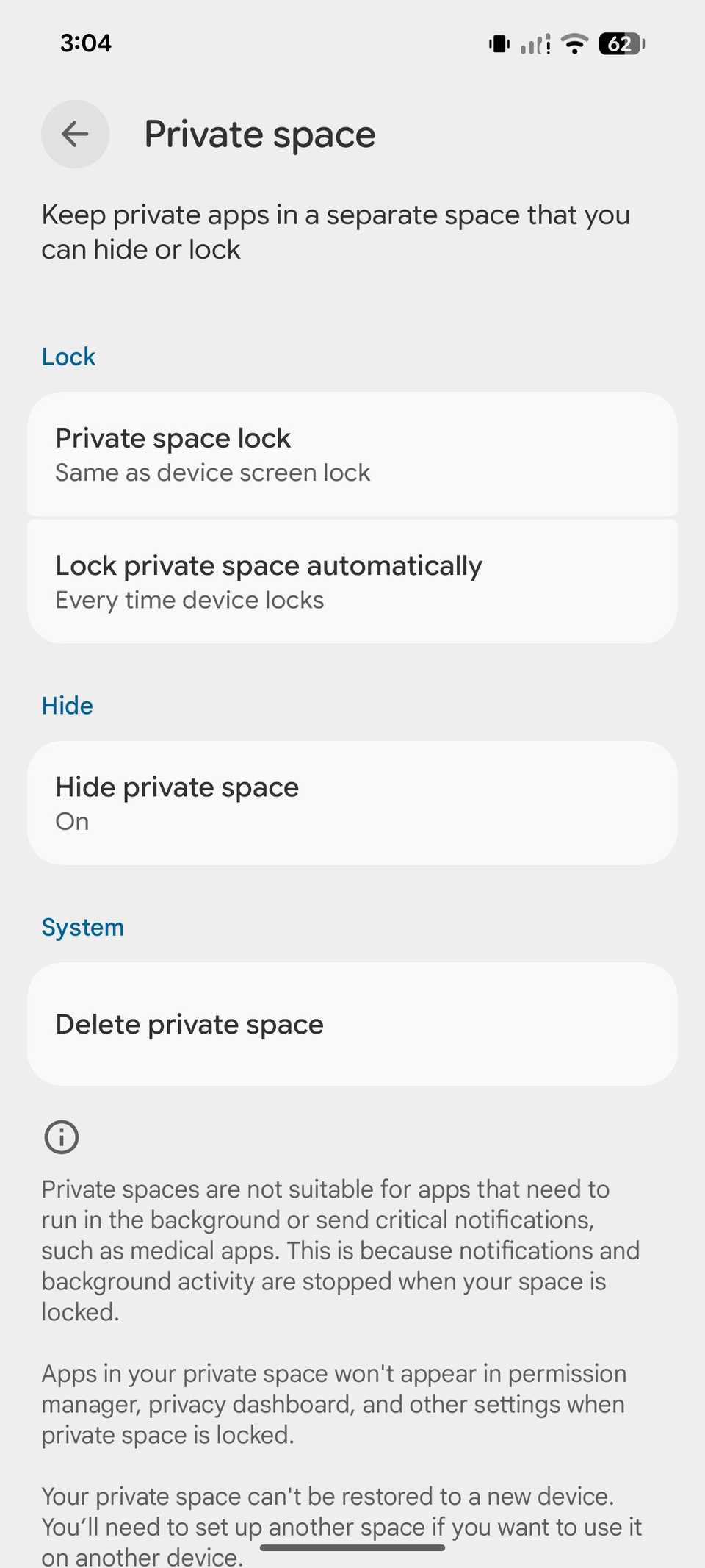 private space settings