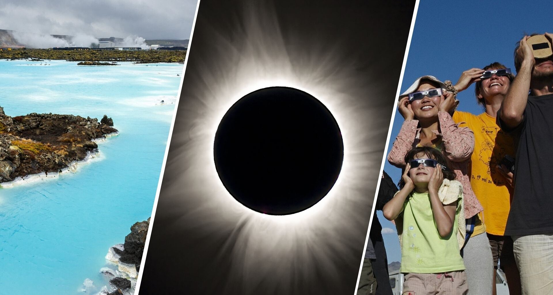 three panel image on the left is a blue lagoon in iceland, middle is a total solar eclipse and on the right is a group of people wearing eclipse glasses and smiling.