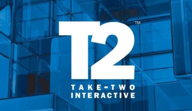 An image of the Take-Two Interactive logo on an abstract blue-glass background.