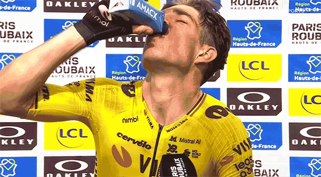 Wout van Aert pulls funny face after sour cherry drink