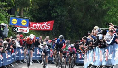 Race winner Puck Pieterse of Netherlands and Team Fenix-Deceuninck and Demi Vollering of Netherlands and Team FDJ - SUEZ sprint at finish line during the 28th La Fleche Wallonne Feminine 2025