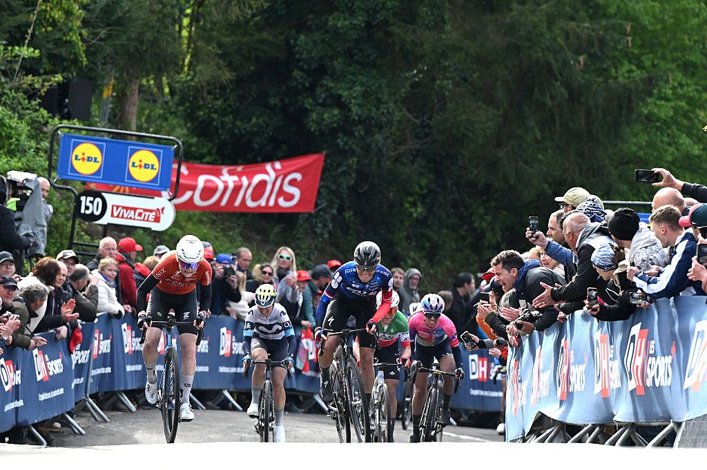 Race winner Puck Pieterse of Netherlands and Team Fenix-Deceuninck and Demi Vollering of Netherlands and Team FDJ - SUEZ sprint at finish line during the 28th La Fleche Wallonne Feminine 2025