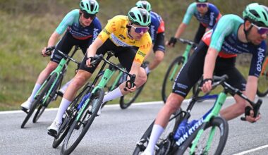 CUEVAS DE MENDUKILO, SPAIN - APRIL 07: Paul Seixas of France and Team Decathlon CMA CGM - Yellow Leader Jersey competes during the 65th Itzulia Basque Country 2026, Stage 2 a 164.1km stage from Pamplona-Iruna to Cuevas de Mendukilo 757m / #UCIWT / on April 07, 2026 in Cuevas de Mendukilo, Spain. (Photo by Tim de Waele/Getty Images)