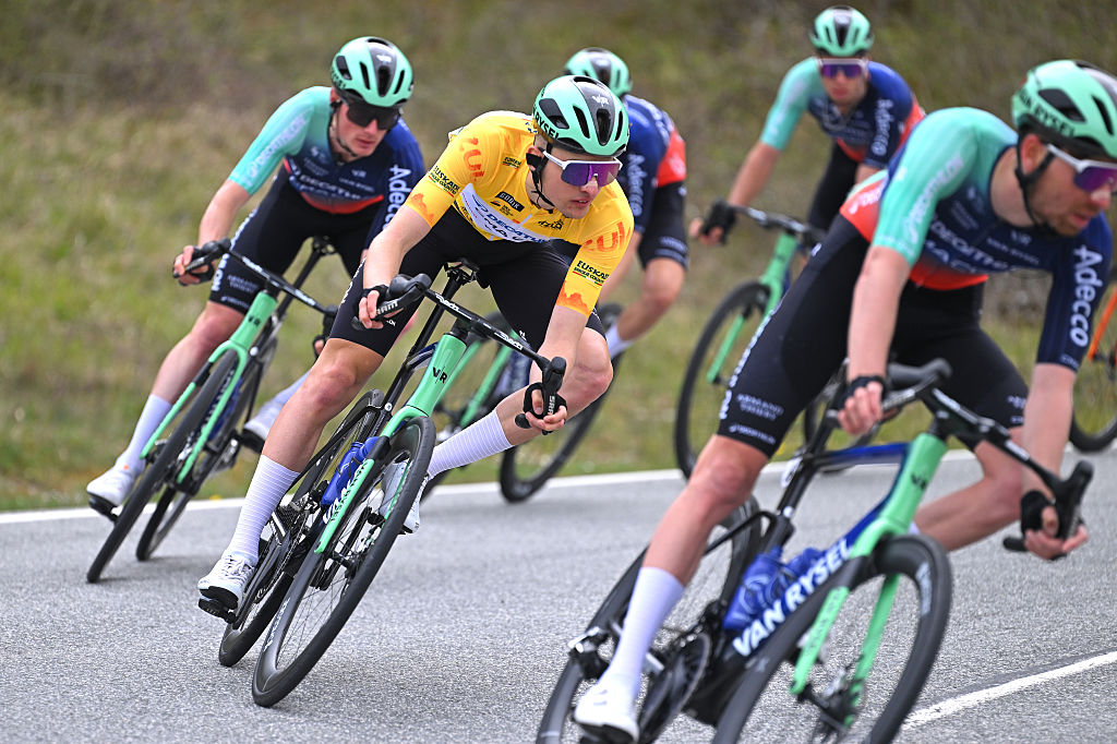 CUEVAS DE MENDUKILO, SPAIN - APRIL 07: Paul Seixas of France and Team Decathlon CMA CGM - Yellow Leader Jersey competes during the 65th Itzulia Basque Country 2026, Stage 2 a 164.1km stage from Pamplona-Iruna to Cuevas de Mendukilo 757m / #UCIWT / on April 07, 2026 in Cuevas de Mendukilo, Spain. (Photo by Tim de Waele/Getty Images)