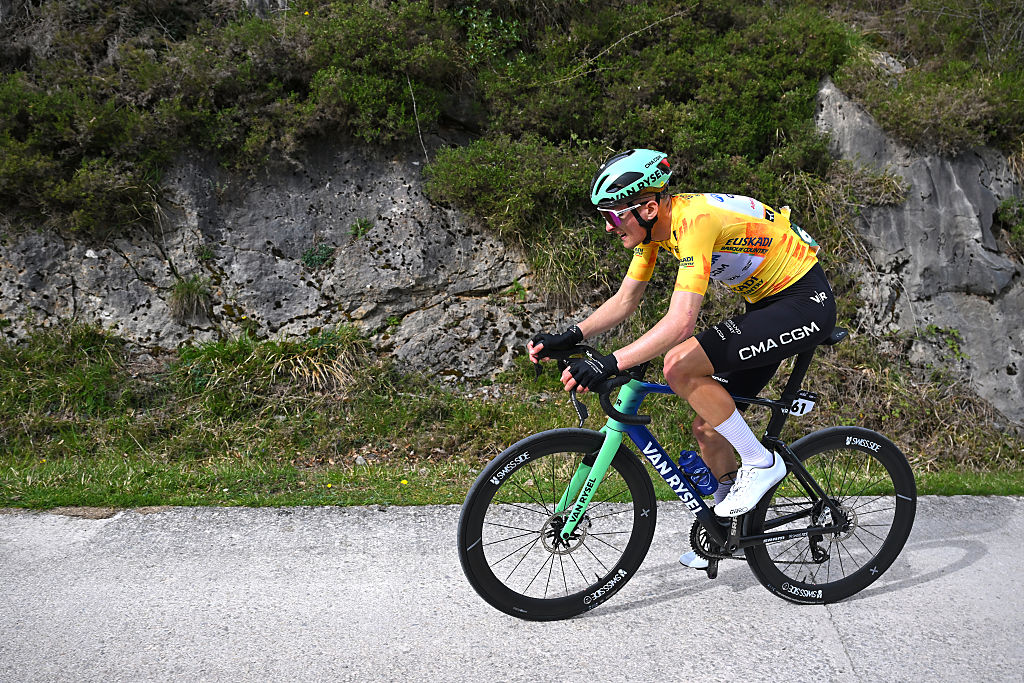 CUEVAS DE MENDUKILO, SPAIN - APRIL 07: Paul Seixas of France and Team Decathlon CMA CGM - Yellow Leader Jersey attacks in the breakaway during the 65th Itzulia Basque Country 2026, Stage 2 a 164.1km stage from Pamplona-Iruna to Cuevas de Mendukilo 757m / #UCIWT / on April 07, 2026 in Cuevas de Mendukilo, Spain. (Photo by Tim de Waele/Getty Images)