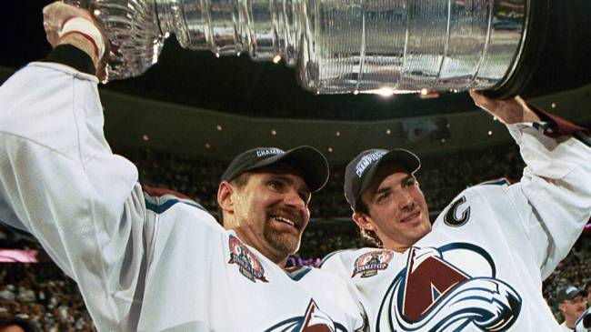 Ray Bourque and Joe Sakic with Stanley Cup