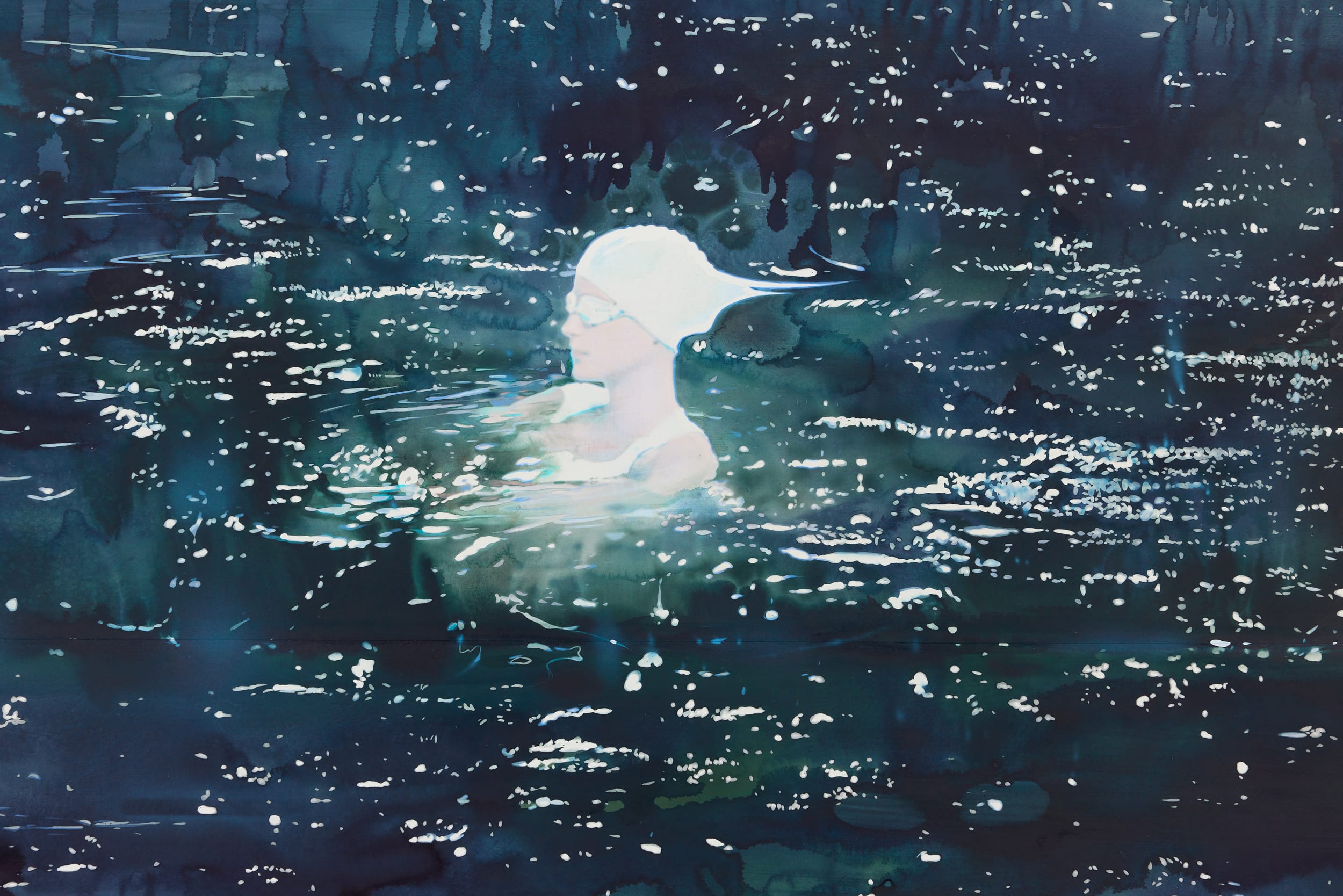 a detail of a a mixed-media watercolor painting of a swimmer in a dark body of water