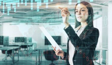 Woman using a pen on a digital stock market chart in an office.