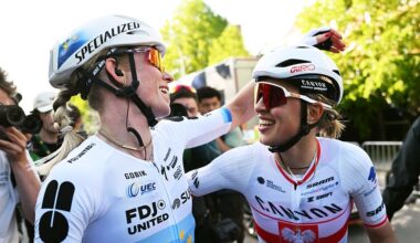 Third placed Kasia Niewiadoma of Poland and Team Canyon-Sram zondacrypto (R) and the race winner, Demi Vollering of Netherlands and Team FDJ United - SUEZ (L) congratulate each other after the 10th Liege - Bastogne - Liege Femmes 2026