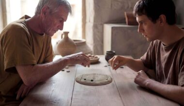 Illustration of two Roman men playing an ancient board game linked to an archaeological stone analyzed with artificial intelligence