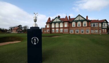 The Claret Jug in front of the clubhouse at Royal Lytham & St Annes.