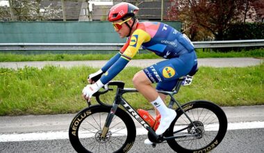 WAREGEM, BELGIUM - APRIL 01: Mads Pedersen of Denmark and Team Lidl - Trek dropped from peloton during the 80th Dwars Door Vlaanderen 2026 - Men&amp;apos;s Elite a 184.6km one day race from Roeselare to Waregem / #UCIWT / on April 01, 2026 in Waregem, Belgium. (Photo by Dario Belingheri/Getty Images)