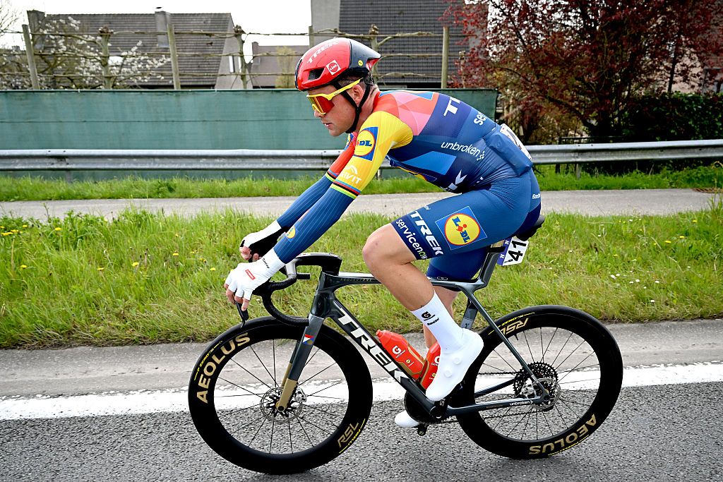 WAREGEM, BELGIUM - APRIL 01: Mads Pedersen of Denmark and Team Lidl - Trek dropped from peloton during the 80th Dwars Door Vlaanderen 2026 - Men&amp;apos;s Elite a 184.6km one day race from Roeselare to Waregem / #UCIWT / on April 01, 2026 in Waregem, Belgium. (Photo by Dario Belingheri/Getty Images)
