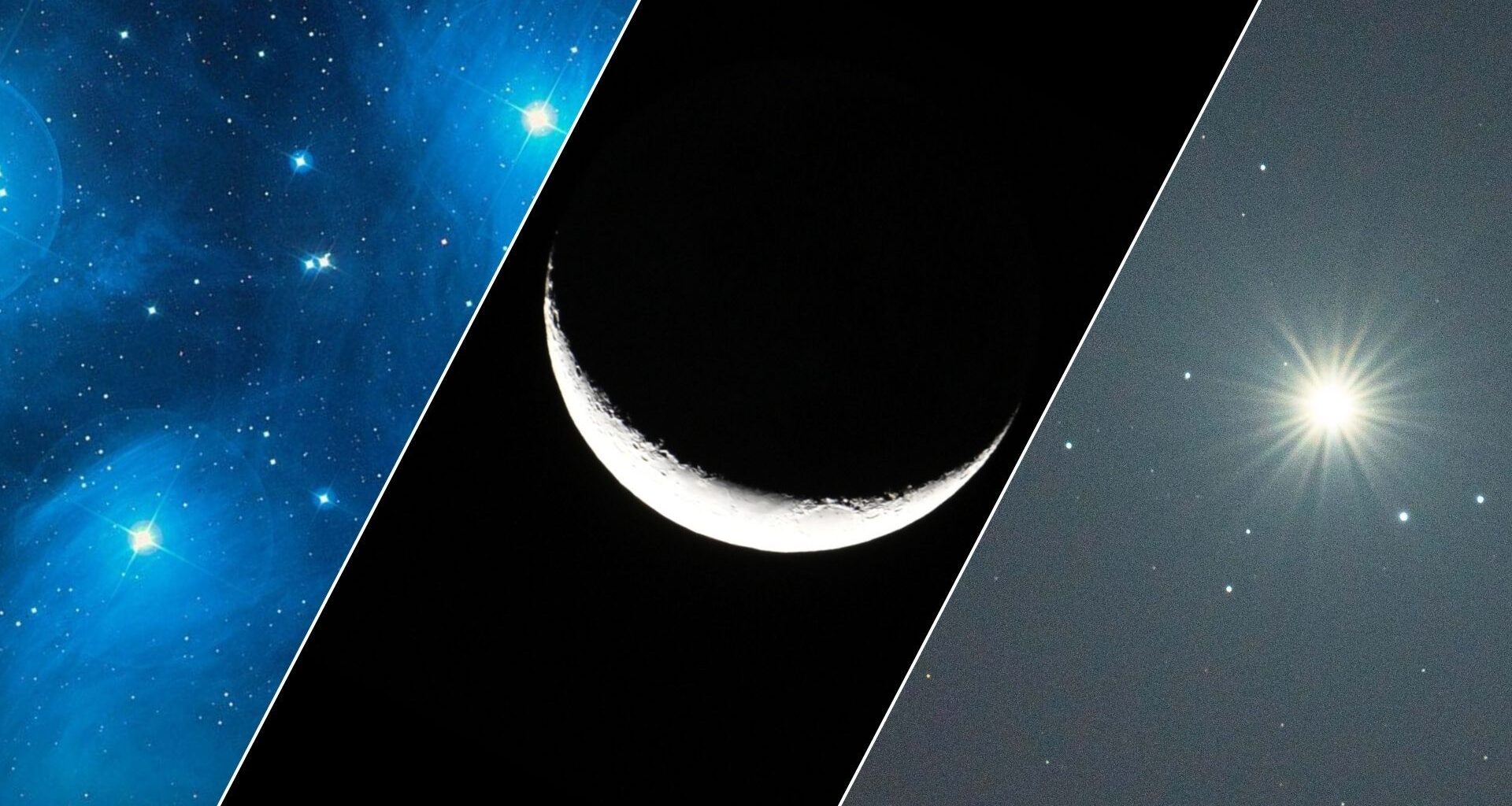 A three panel image showing the Pleiades open star cluster on the left, with a crescent upturned moon against a black sky in the middle and the bright, star-like form of Venus on the right.