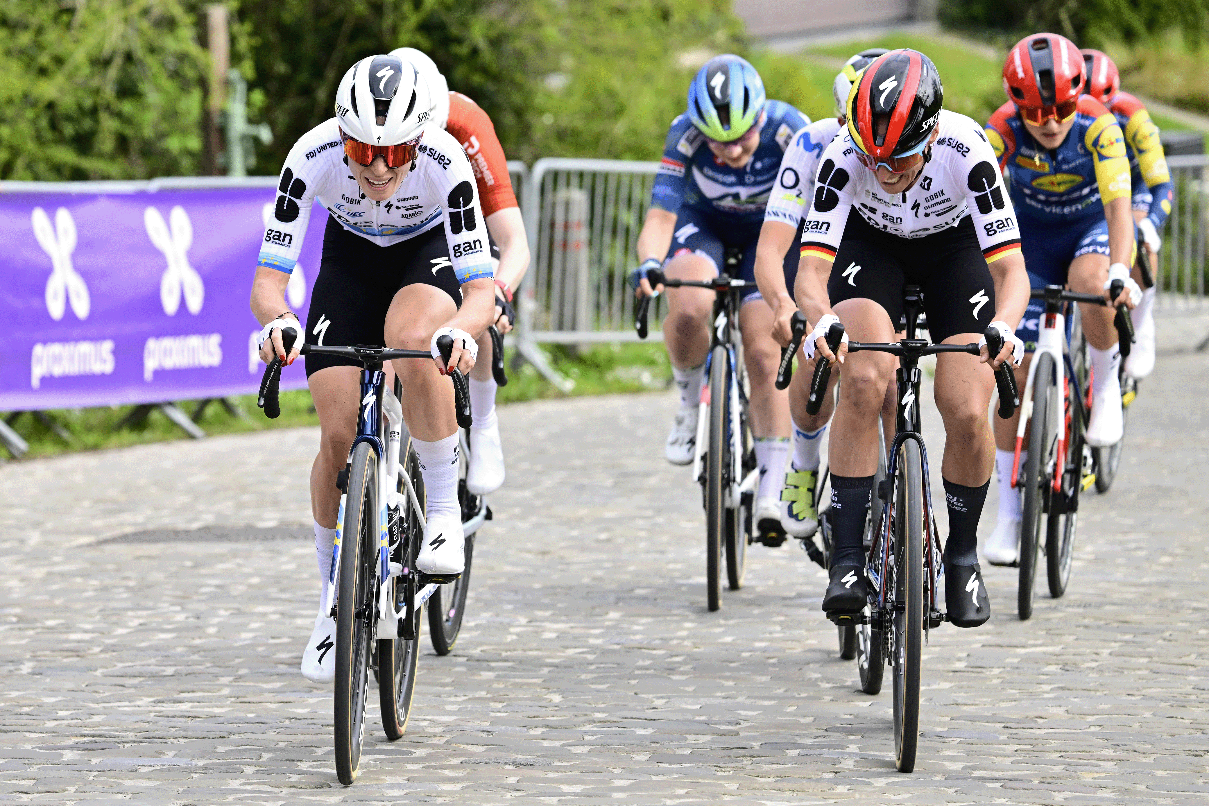 WAREGEM, BELGIUM - APRIL 01: (L-R) Demi Vollering of Netherlands and Franziska Koch of Germany and Team FDJ United - SUEZ compete during the 14th Dwars door Vlaanderen 2026 - Women's Elite a 128.8km one day race from Waregem to Waregem / #UCIWWT / on April 01, 2026 in Waregem, Belgium. (Photo by Jan de Meuleneir - Pool/Getty Images)