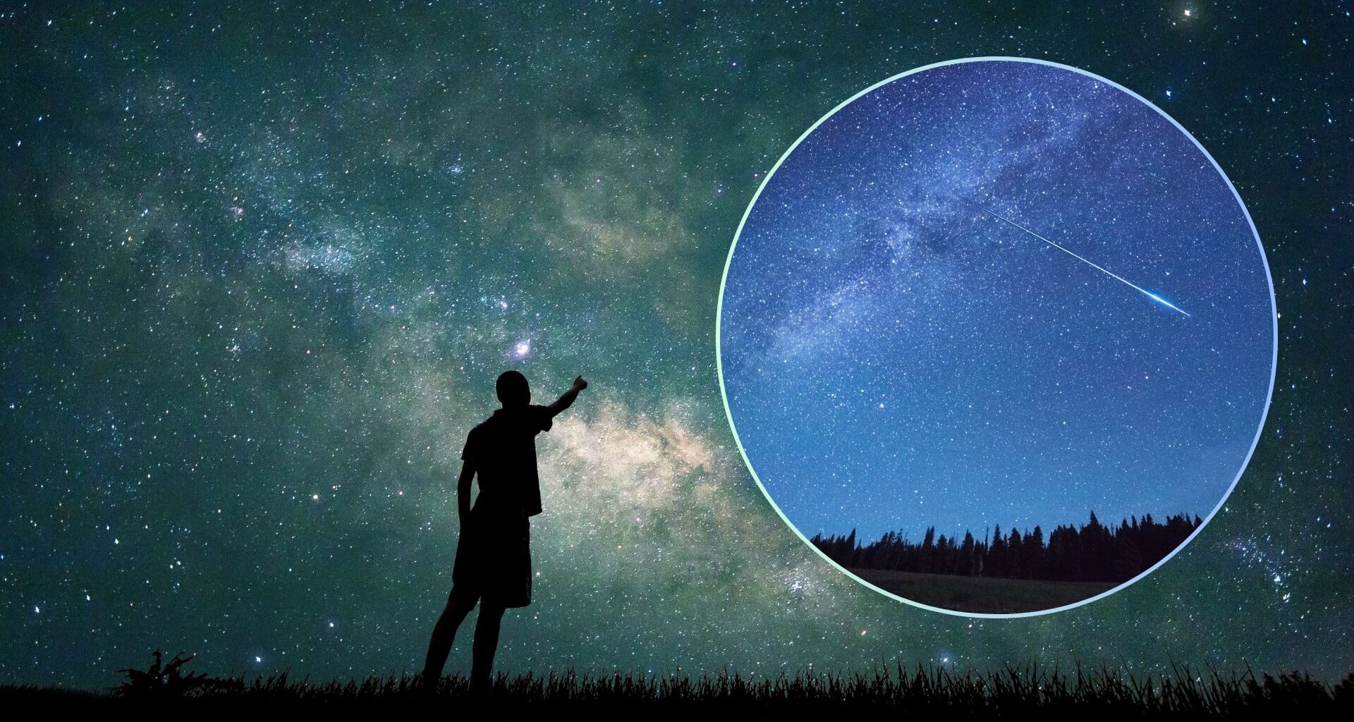 a silhouette of a person points up at a night sky filled with stars. A circle boxout in the top right corner contains an image of a shooting star.